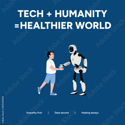 Tech and humanity working together for a healthier world, featuring a child shaking hands with a friendly robot on a blue background