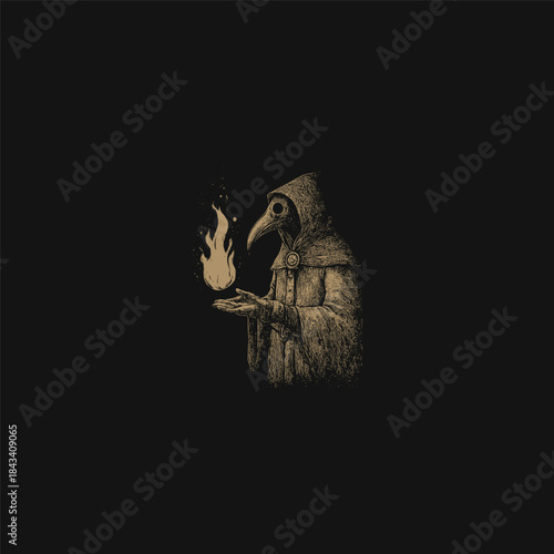 Vintage plague doctor holding a red flame torch in woodcut engraving style isolated on black background