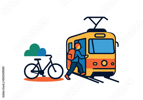 Flat vector illustration of bright multimodal commute: bike parked person boarding tram rounded shapes clean outline clean white background