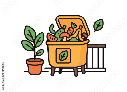 Flat vector illustration of colorful compost bin on balcony with bold veggie scraps and leaf icons rounded shapes clean outline clean white background