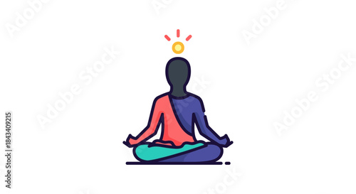 minimalist meditation illustration of person in lotus pose with glowing mind symbol on white background concept for mindfulness and mental health