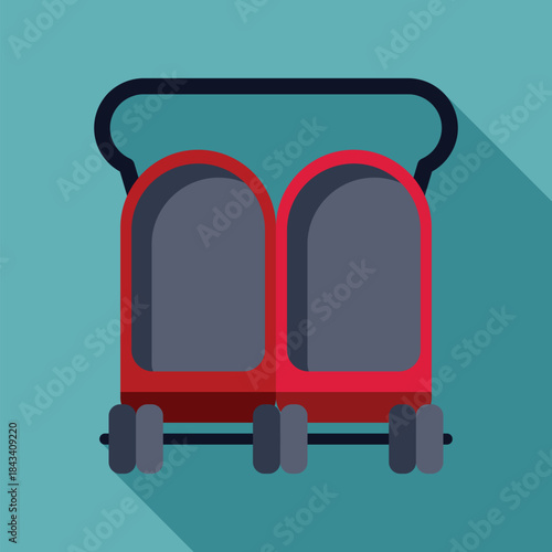 Red double seat cart with wheels for shopping or transport in a flat design style