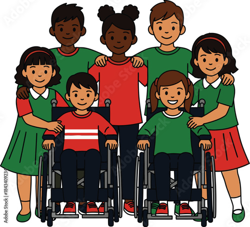 Vector of smiling children including wheelchair users, showing unity and friendship across different abilities.
