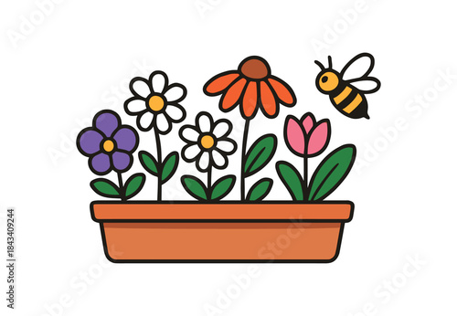 Flat vector illustration of colorful pollinatorfriendly balcony flowers with bee hovering nearby rounded shapes clean outline clean white background