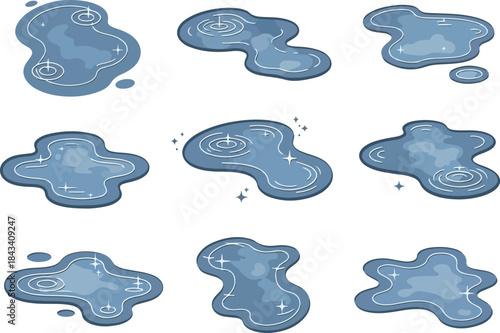 Collection of sparkling puddles of water, set of glossy blue cartoon vector illustrations