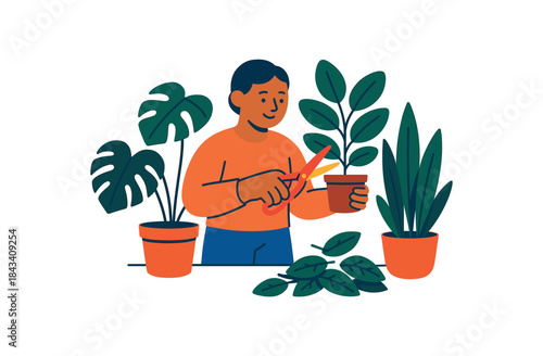 Flat vector illustration of bright person pruning houseplants with vivid scissors and leaf pile rounded shapes clean outline clean white background
