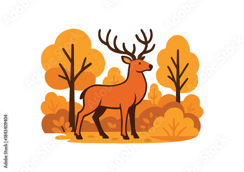 Flat vector illustration of bright stag with bold antlers golden autumn forest rounded shapes clean outline clean white background