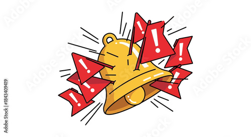 notification alert bell surrounded by red flags and warning exclamation icons concept illustration for risk error message and security alerts