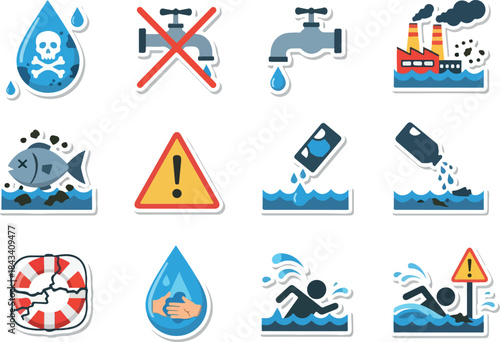 Water Pollution Awareness Icons Contamination, Conservation, and Safety