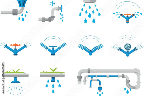 Irrigation System Icons Sprinklers, Pipes, and Water Droplets for Gardening