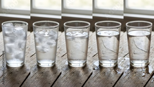 Six Glasses of Water on Wooden Surface.