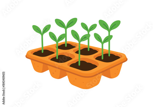 Flat vector illustration of bright recycled egg carton used for seed starting vivid sprouts popping rounded shapes clean outline clean white background