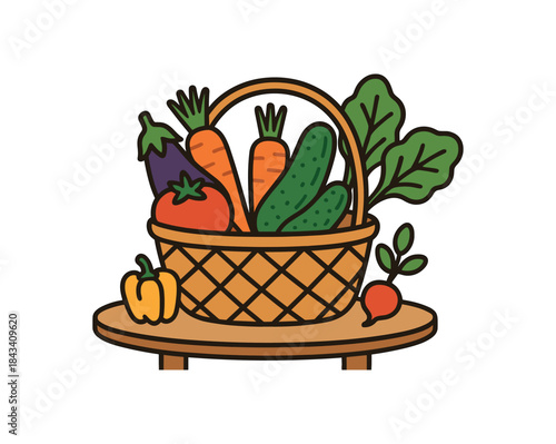 Flat vector illustration of colorful basket of freshly harvested balcony veggies on table rounded shapes clean outline clean white background