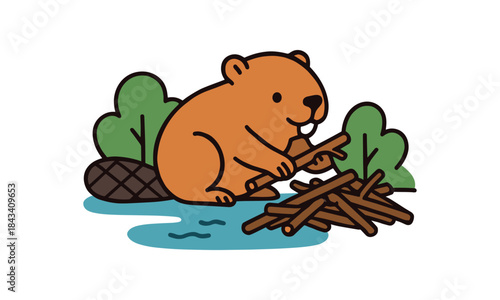 Flat vector illustration of bright beaver building small dam river with sticks rounded shapes clean outline clean white background