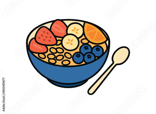Flat vector illustration of bright breakfast bowl with fruits oats and spoon rounded shapes clean outline clean white background