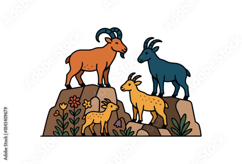 Flat vector illustration of colorful mountain goats on rocky cliff with wildflowers rounded shapes clean outline clean white background