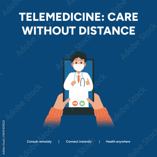 Telemedicine care without distance, doctor on video call consulting remotely and reducing health exposure with modern technology
