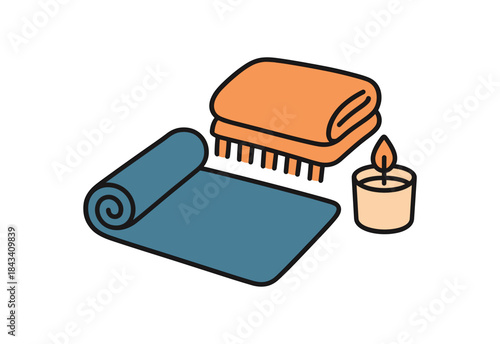 Flat vector illustration of yoga mat unrolled beside cozy blanket and candle icon rounded shapes clean outline clean white background