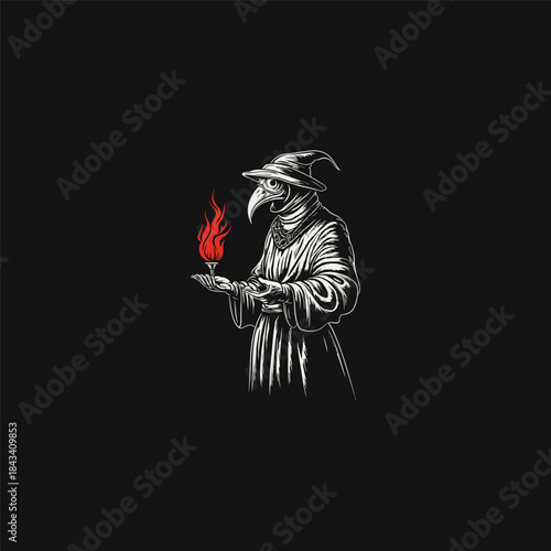 Vintage plague doctor holding a red flame torch in woodcut engraving style isolated on black background