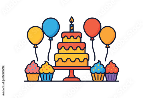 Flat vector illustration of bright birthday dessert table with vivid cupcakes cake stand and balloons rounded shapes clean outline clean white background