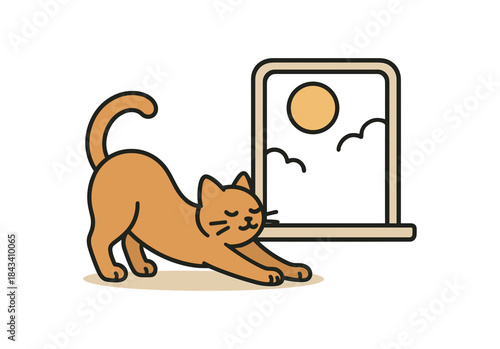 Flat vector illustration of calm cat stretching near sunny window sill rounded shapes clean outline clean white background