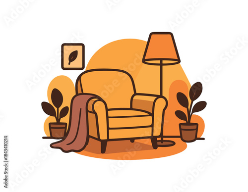 Flat vector illustration of bright cozy evening living room with vivid floor lamp glow soft armchair and throw blanket rounded shapes clean outline clean white background
