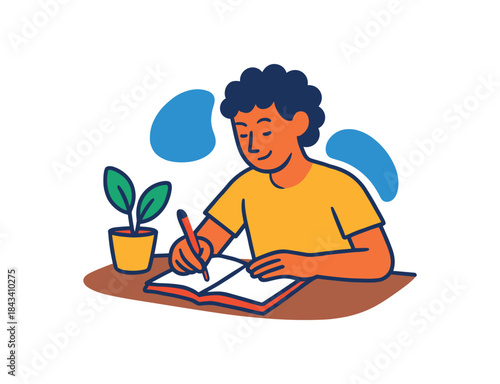 Flat vector illustration of bright person journaling at desk with vivid pen and notebook small plant nearby rounded shapes clean outline clean white background