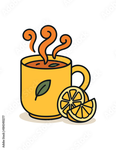Flat vector illustration of bright mug of herbal tea with vivid steam curls beside lemon slices rounded shapes clean outline clean white background