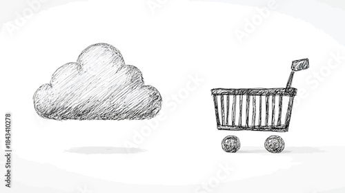 Sketch drawing of cloud and shopping cart symbolizing online commerce and cloud computing