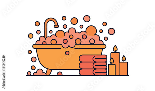 Flat vector illustration of bright warm bath scene with vivid bubbles towel stack and candle trio rounded shapes clean outline clean white background