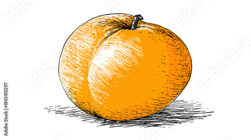Vibrant hand-drawn illustration of a ripe, organic orange peach with a stem. Fresh, healthy fruit sketch on a clean white background.