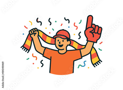 Flat vector illustration of colorful sports fan celebration with bold scarf foam hand and confetti rounded shapes clean outline clean white background