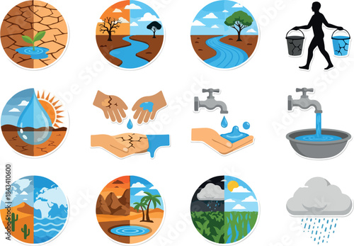 Water Conservation Icons Drought, Scarcity, and Solutions for Water Management
