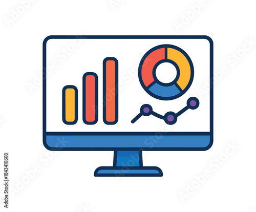 Flat vector illustration of bright monitor on stand with vivid abstract charts as shapes only rounded shapes clean outline clean white background