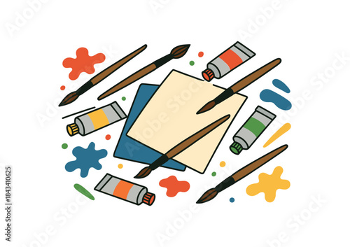 Flat vector illustration of bright creative chaos desk: scattered brushes paint tubes paper sheets vivid but tidy rounded shapes clean outline clean white background