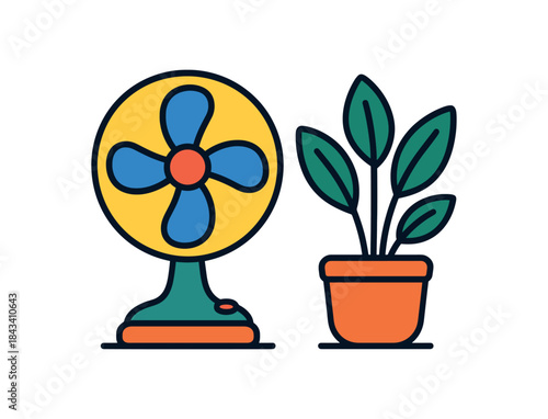Flat vector illustration of colorful desk fan and indoor airfresh plant combo vivid accents rounded shapes clean outline clean white background