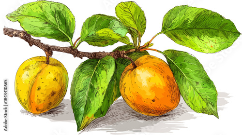 Vibrant botanical illustration of two yellow-orange fruits on a leafy branch. Fresh hand-drawn produce, isolated on white.