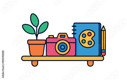 Flat vector illustration of colorful creative inspiration shelf with vivid camera sketchbook and plant rounded shapes clean outline clean white background