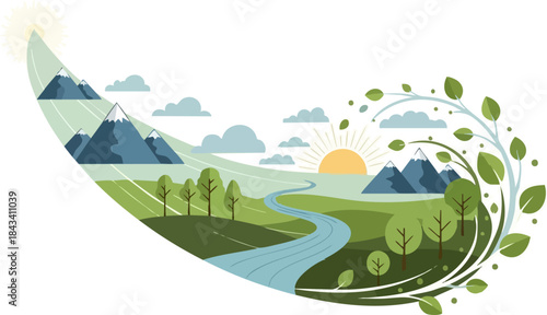 Stylized illustration of a vibrant natural landscape with mountains river and lush trees.