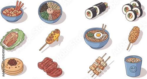 A vibrant collection of various Asian dishes and snacks showcasing a diverse culinary spread.