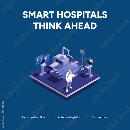 Smart hospitals think ahead an isometric view of a modern hospital operating room with advanced medical equipment and a doctor, showcasing future healthcare