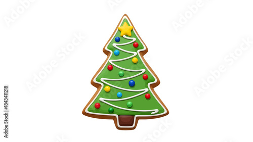 Paper style green Christmas tree vector illustration with festive ornaments and gifts for the holiday season