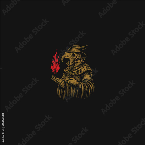 Vintage plague doctor holding a red flame torch in woodcut engraving style isolated on black background