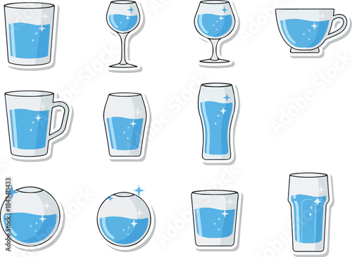 Water glasses in various shapes and sizes conveying the concept of hydration