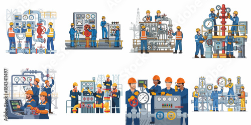 Industrial Workers Operating Pipeline Control Systems, Valves, and Gauges in Oil and Gas Production Facilities - Vector Illustration Set.