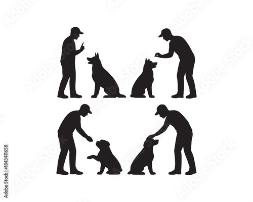 Bulldog silhouettes, Husky, German Shepher silhouettes, owner holding a leash, owner jogging with Husky, Husky jumping, playfull Bulldog vector illustration set collection, bulldog silhouette, husky