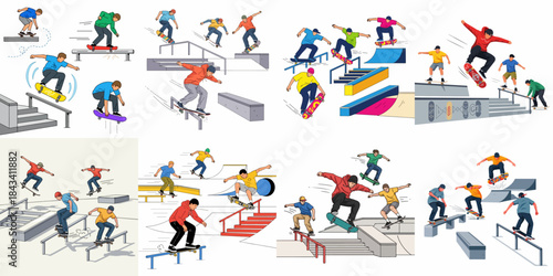 Vector illustration set of young skateboarders performing various tricks like grinding, jumping, and riding ramps in a skate park environment.