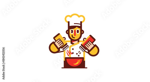 Cartoon chef adding spices to a chili pepper bowl
