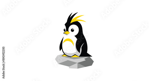 Cute cartoon penguin with yellow crest standing on a grey rock