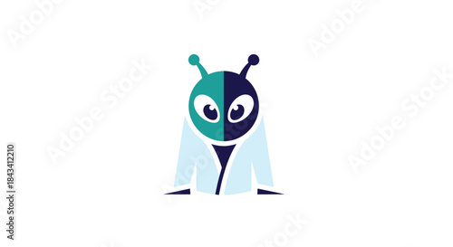 Smiling alien head in a lab coat, teal and blue colors